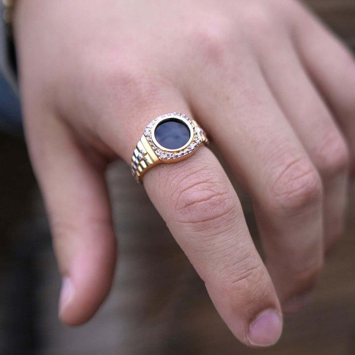 Two Tone Jubilee 10K Gold Black Onyx And CZ Signet Ring