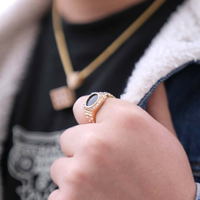Two Tone Jubilee 10K Gold Black Onyx And CZ Signet Ring