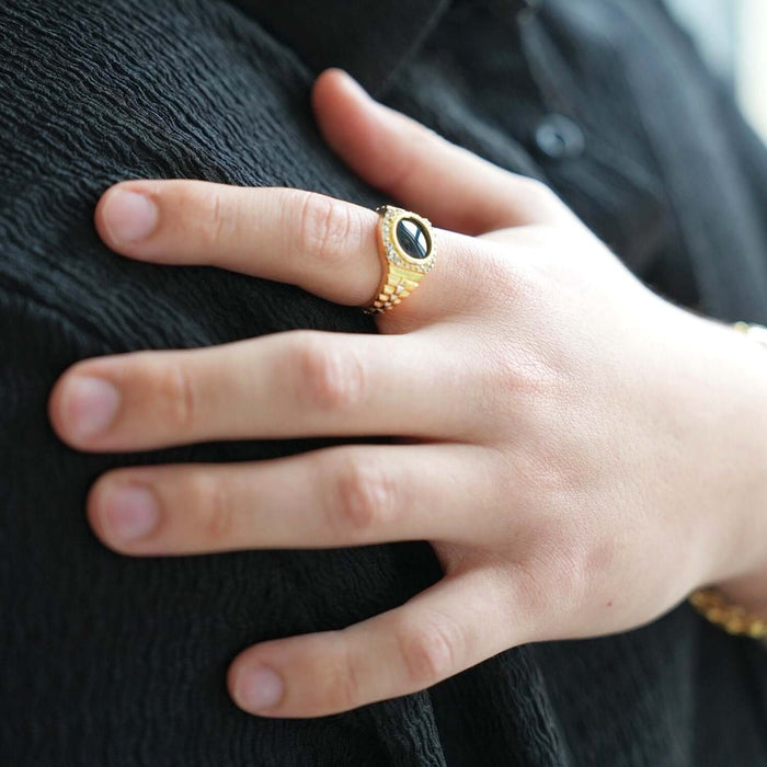 Two Tone Jubilee 10K Gold Black Onyx And CZ Signet Ring
