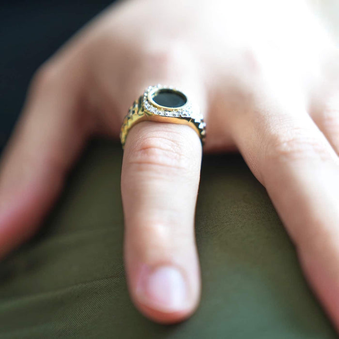 Two Tone Jubilee 10K Gold Black Onyx And CZ Signet Ring