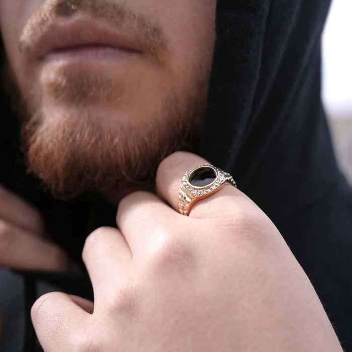 Two Tone Jubilee 10K Gold Black Onyx And CZ Signet Ring