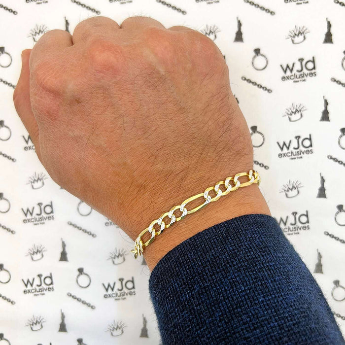 18K Yellow Gold Over Silver 7mm Diamond-Cut Pave Figaro Bracelet (Solid Links) 8.25"-9"