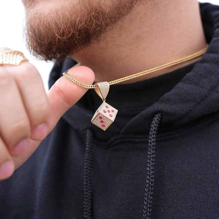 14K Yellow Gold CZ Red Blue Green Mini Dice Pendant 1.5"