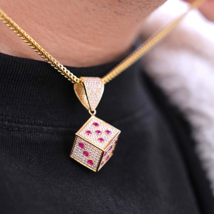 14K Yellow Gold CZ Red Blue Green Mini Dice Pendant 1.5"