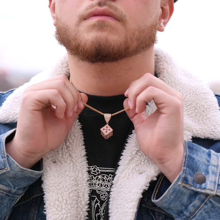 14K Yellow Gold CZ Red Blue Green Mini Dice Pendant 1.5"