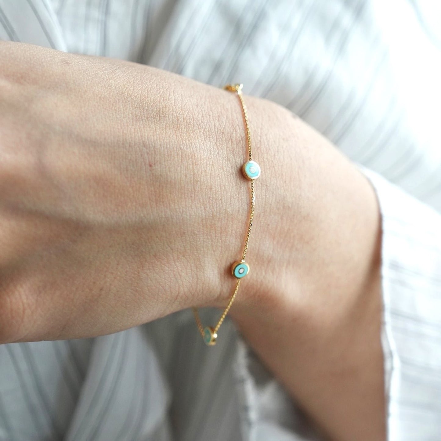 14K Gold Yellow Turquoise Round Evil Eye Station Bracelet 6.5"-7" Adjustable