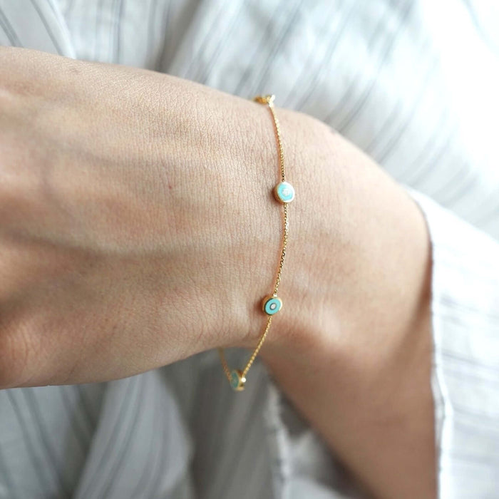 14K Yellow Gold Turquoise Round Evil Eye Station Bracelet (Solid Links) 6.5" - 7" Adjustable - WJD Exclusives