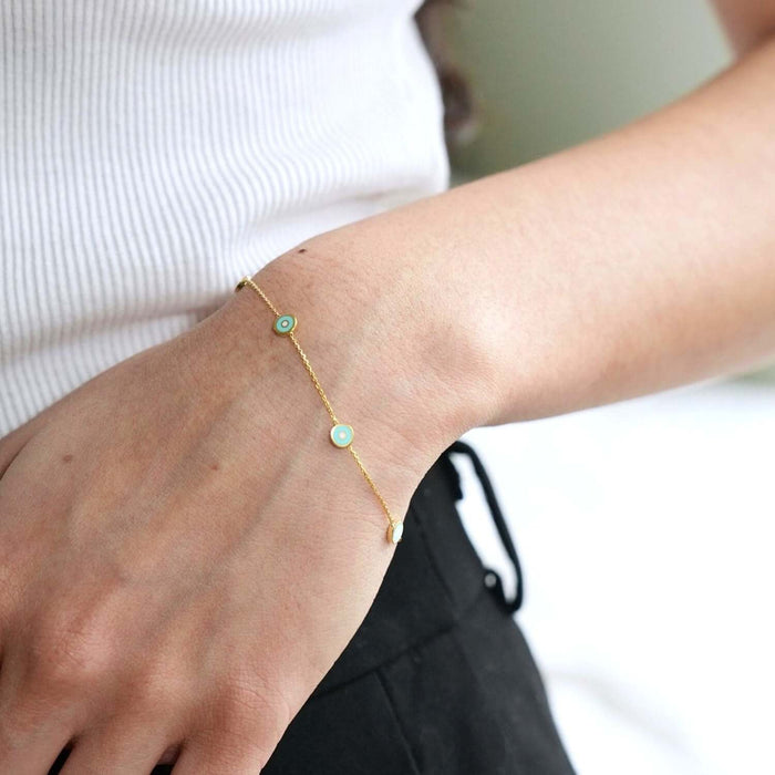 14K Yellow Gold Turquoise Round Evil Eye Station Bracelet (Solid Links) 6.5" - 7" Adjustable - WJD Exclusives