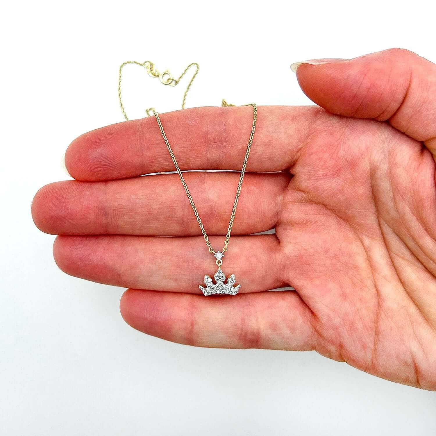 Natural Diamond 10K Yellow White Gold Royal Crown Tiara Necklace