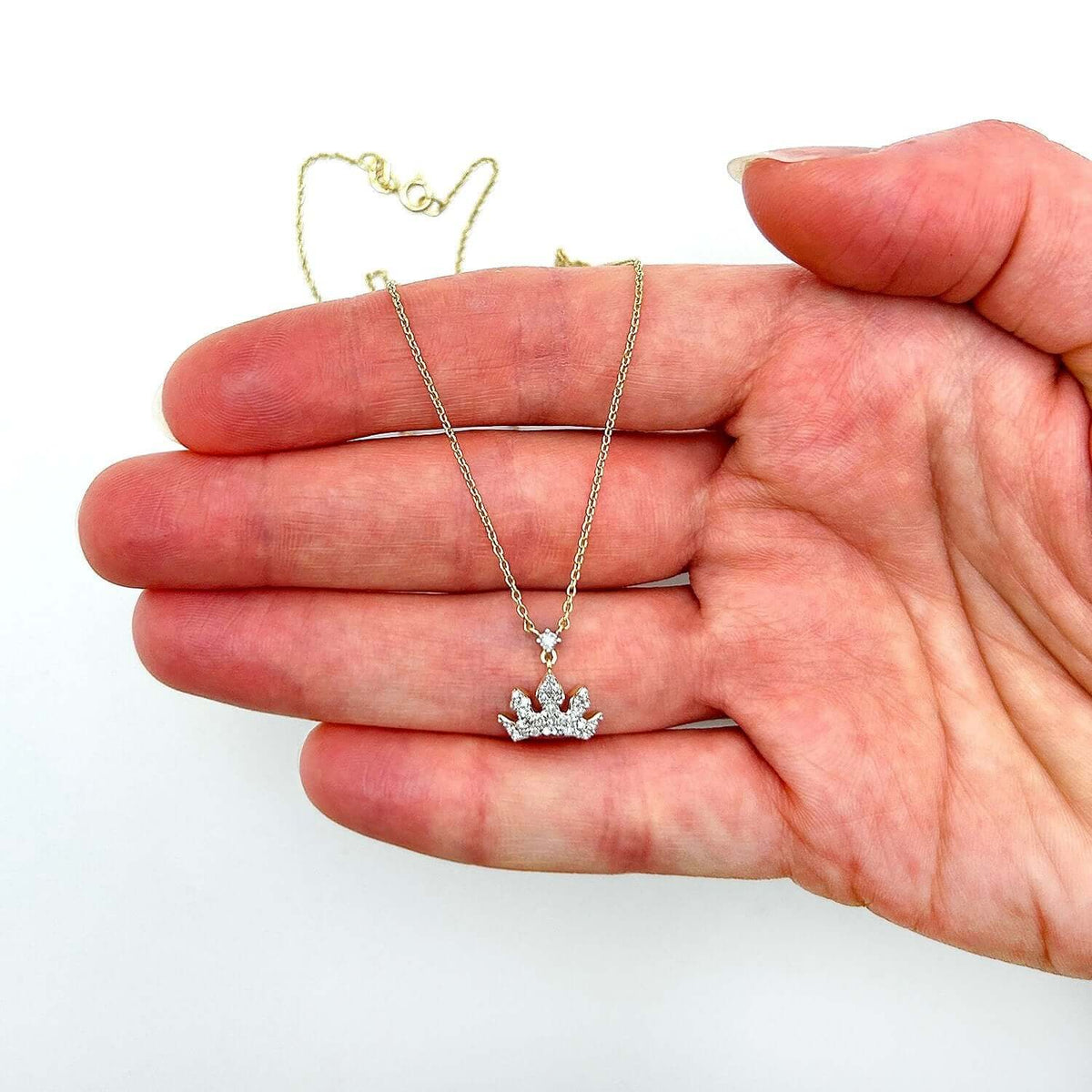 Natural Diamond 10K Yellow White Gold Royal Crown Tiara Necklace (Solid Links) 18" - WJD Exclusives