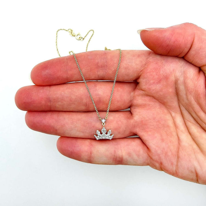Natural Diamond 10K Yellow White Gold Royal Crown Tiara Necklace (Solid Links) 18" - WJD Exclusives
