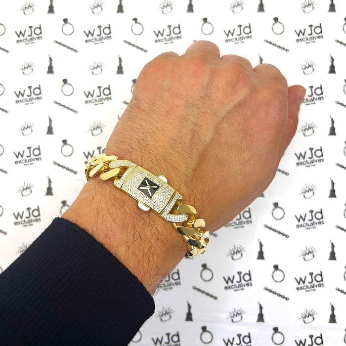 10K Yellow Gold 14mm Miami CZ Pave Box Clasp Bracelet (Hollow) 8"