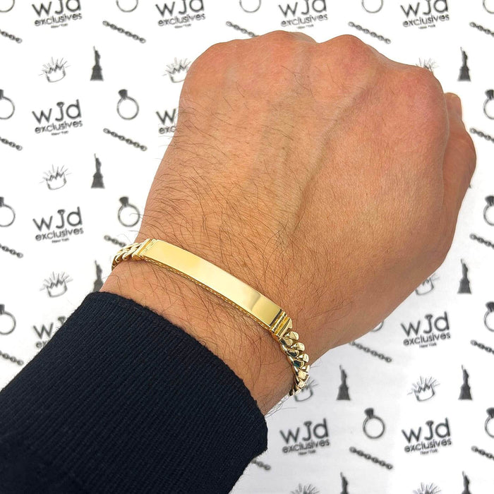 14K Yellow Gold 7mm Miami CZ Pavé Clasp ID Bar Bracelet (Hollow) 7.25"