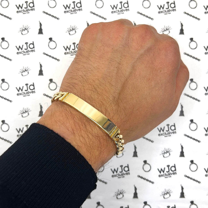 14K Yellow Gold 9mm Miami CZ Pavé Clasp ID Bar Bracelet (Hollow) 8"