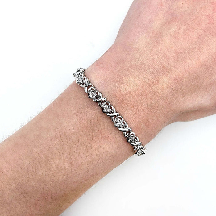 0.25CTW Natural Diamond Sterling Silver 7.5mm Round Heart Tennis Bracelet 7" - WJD Exclusives