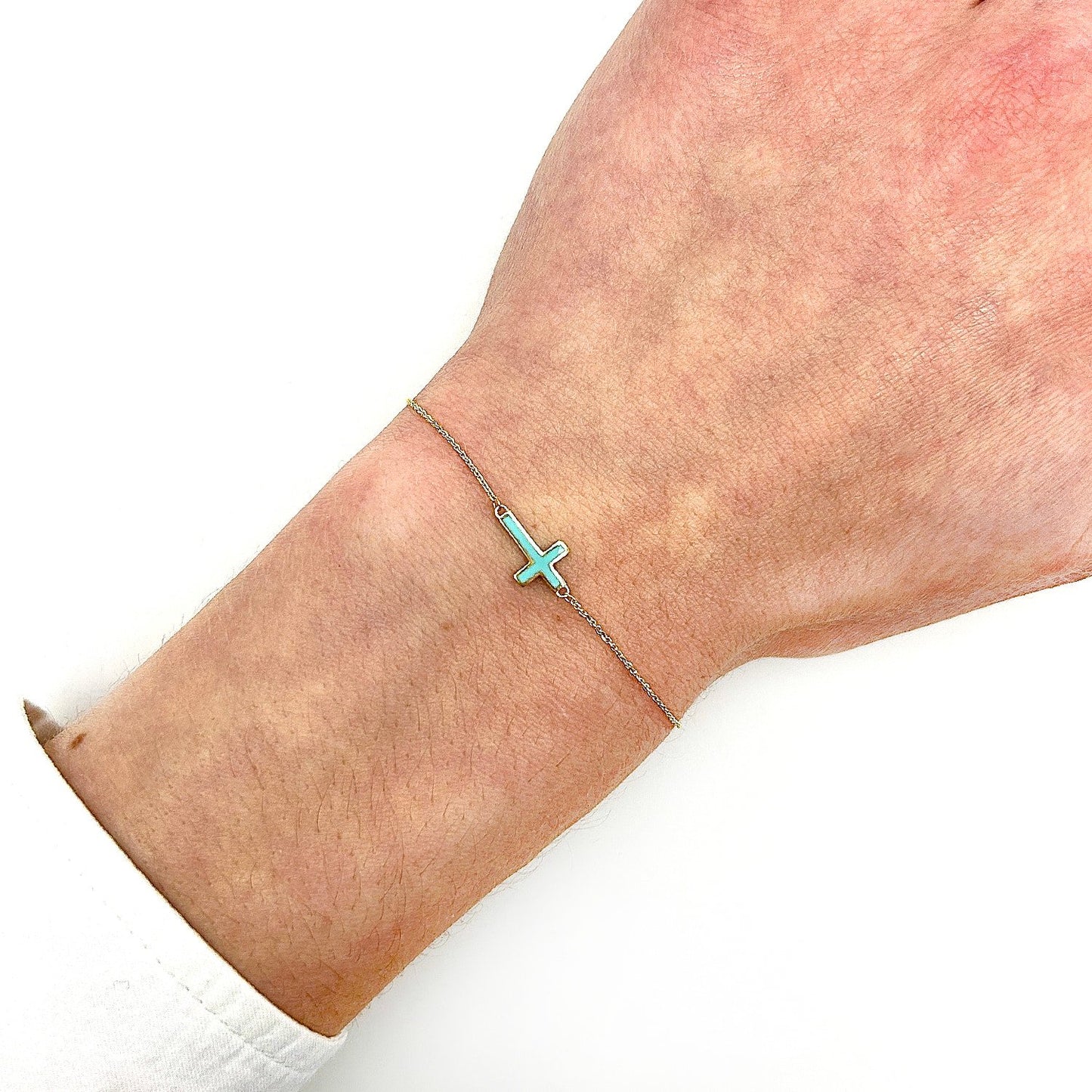 14K Real Gold Yellow Cable Turquoise Enamel Sideways Cross Bracelet 7"-7.50" Adjust.
