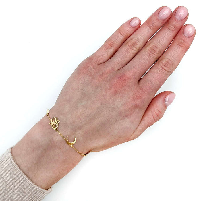 14K Yellow Gold Horseshoe Hamsa Horn Heart Moon Charms Bracelet (Solid Links) 6.25" - 7" Adjustable - WJD Exclusives