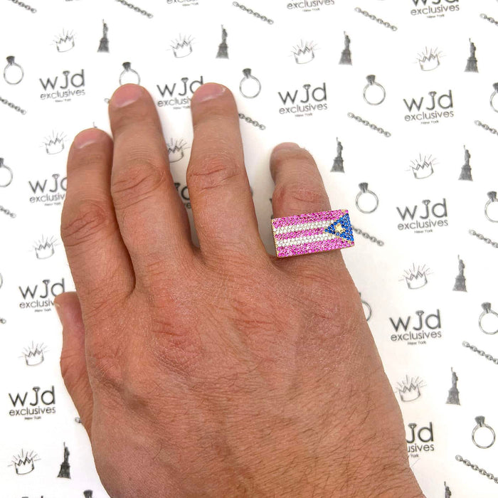 14K Yellow Gold CZ Ruby Sapphire Pave Puerto Rico Flag Ring - WJD Exclusives