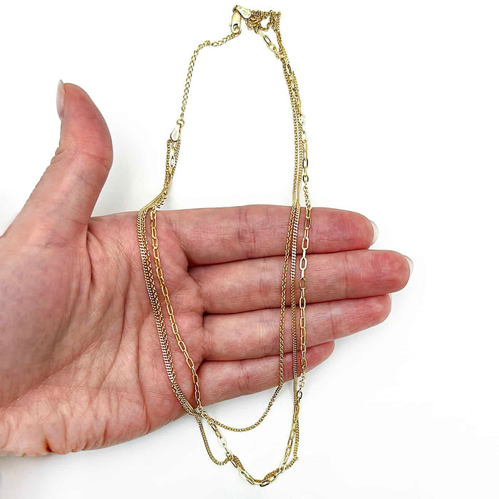 14K Yellow Gold Rolo Paperclip Curb Chain Triple Layered Necklace (Hollow) 16" - 18" - WJD Exclusives