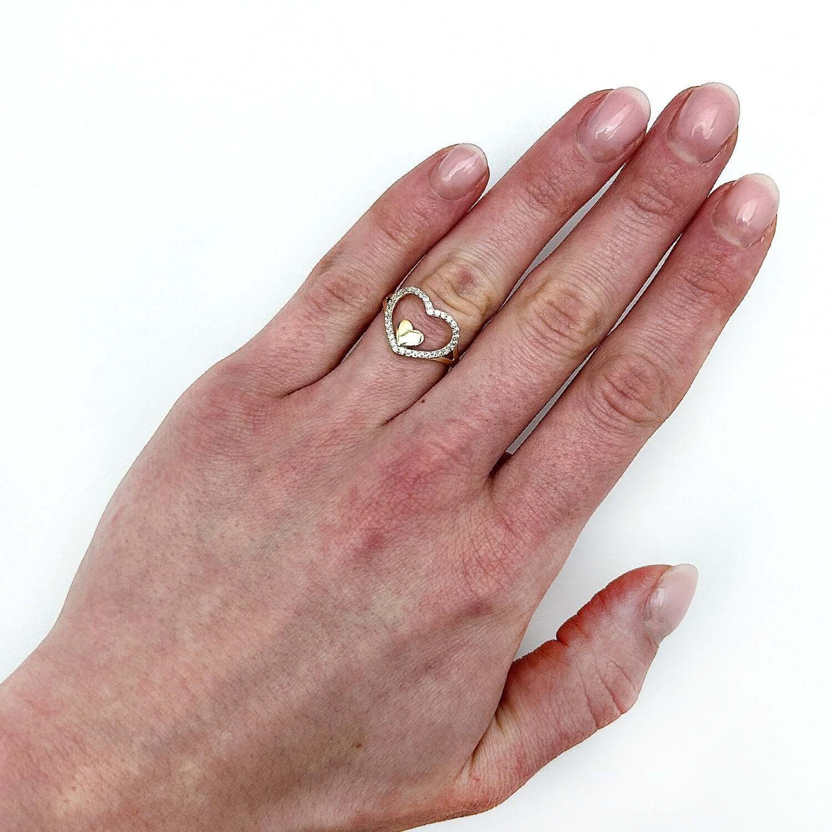 0.20CTW CZ 14K Yellow Gold Heart in Heart Halo Cocktail Ring - WJD Exclusives