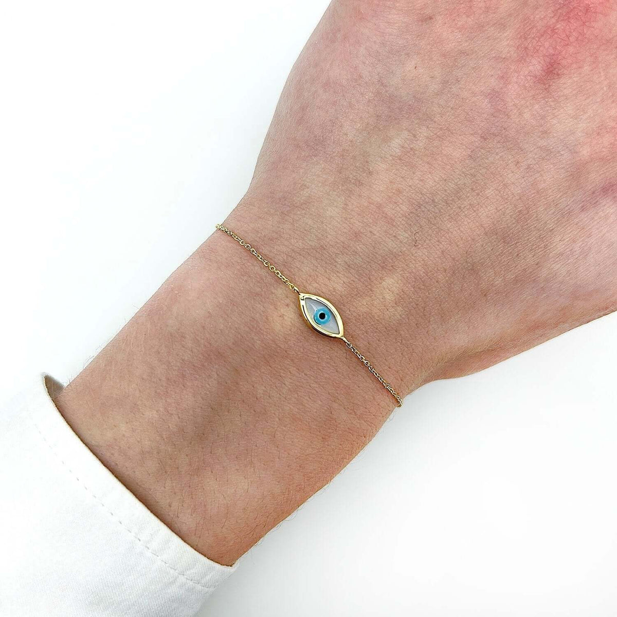 14K Yellow Gold Round Halo Cultured Pearl Evil Eye Bracelet (Solid Links) 6.25" - 7" Adjustable - WJD Exclusives