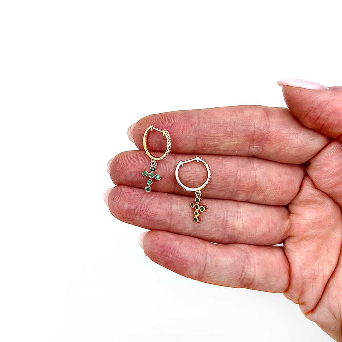 0.10CTW Natural Diamond 14K Gold Green Emerald Cross Earrings 23mm - WJD Exclusives