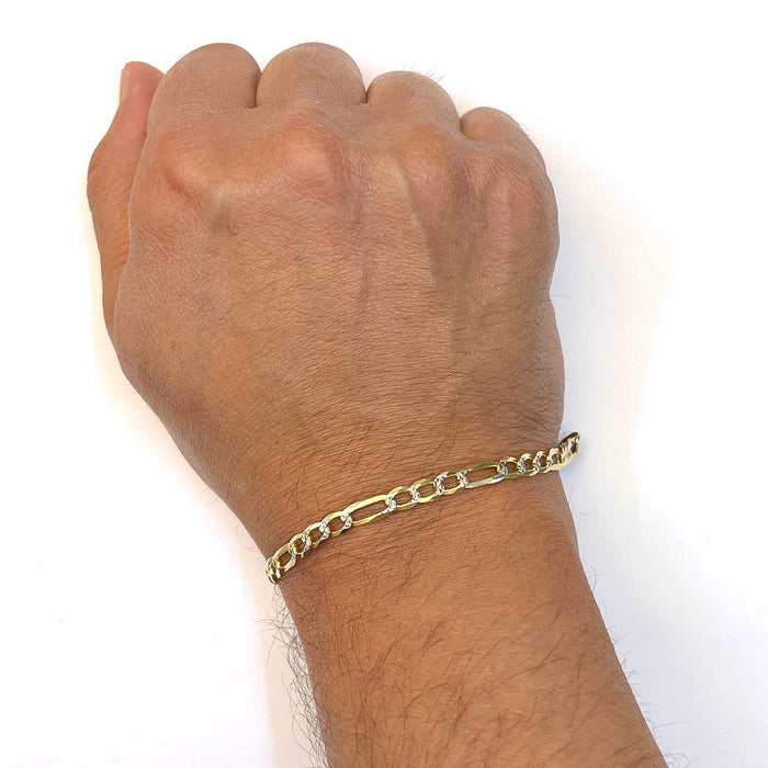 14K Yellow Gold Over Silver 5mm Diamond - Cut Pave Figaro Bracelet (Solid Links) 7" 8" 9" - WJD Exclusives