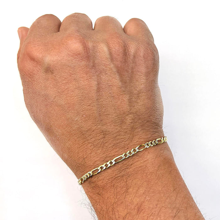 14K Gold Over Silver 3.5mm Diamond-Cut Pave Figaro Bracelet (Solid Links) 7"-9"