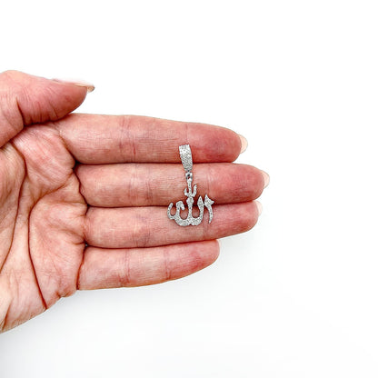 0.61CTW Real Diamond Sterling Silver Allah Religious Pendant 1.2"