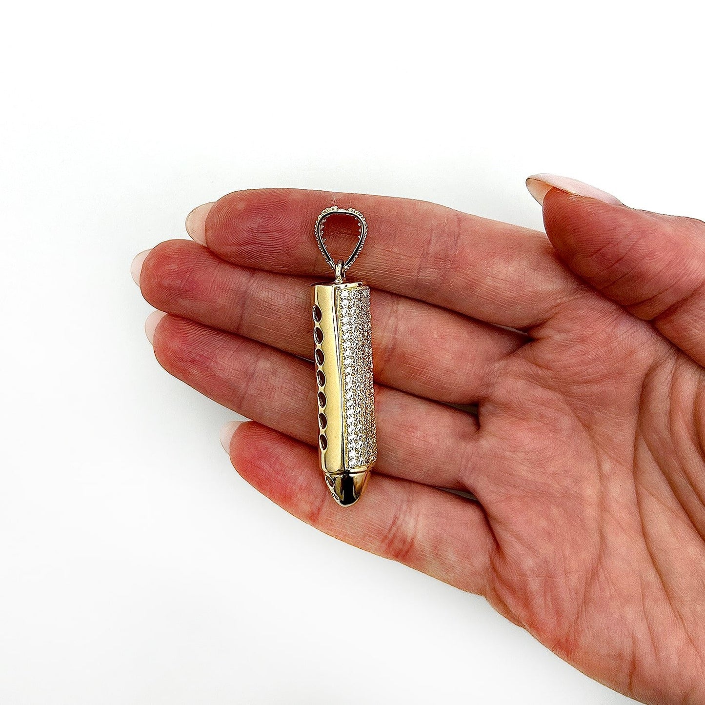 14K Real Gold Bullet-Shaped CZ Pendant 1.7" 2.2" 2.6"
