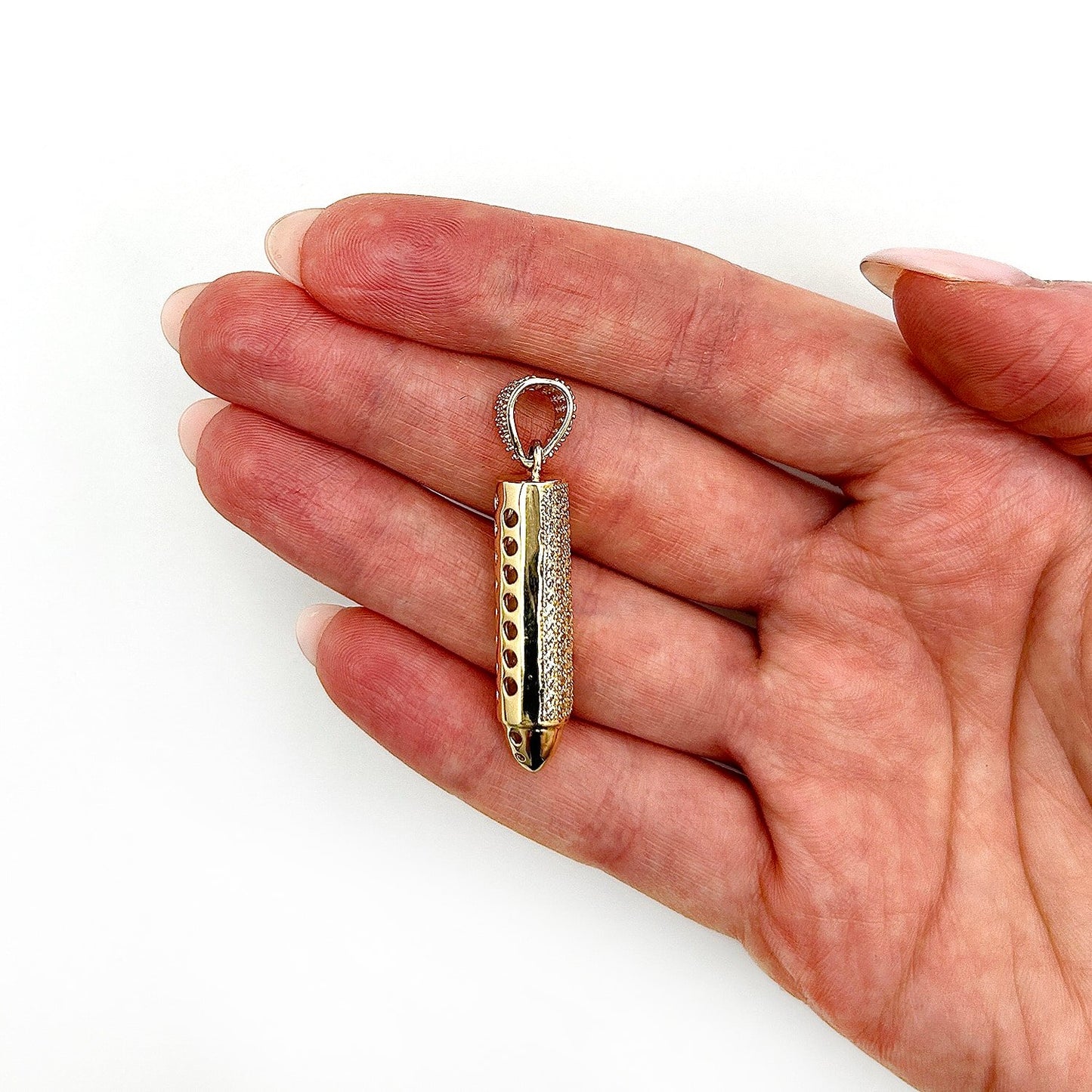 14K Real Gold Bullet-Shaped CZ Pendant 1.7" 2.2" 2.6"