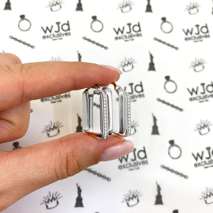 14K White Gold Twisted Tube Diamond-Cut Rectangle Hoop Earrings 25mm