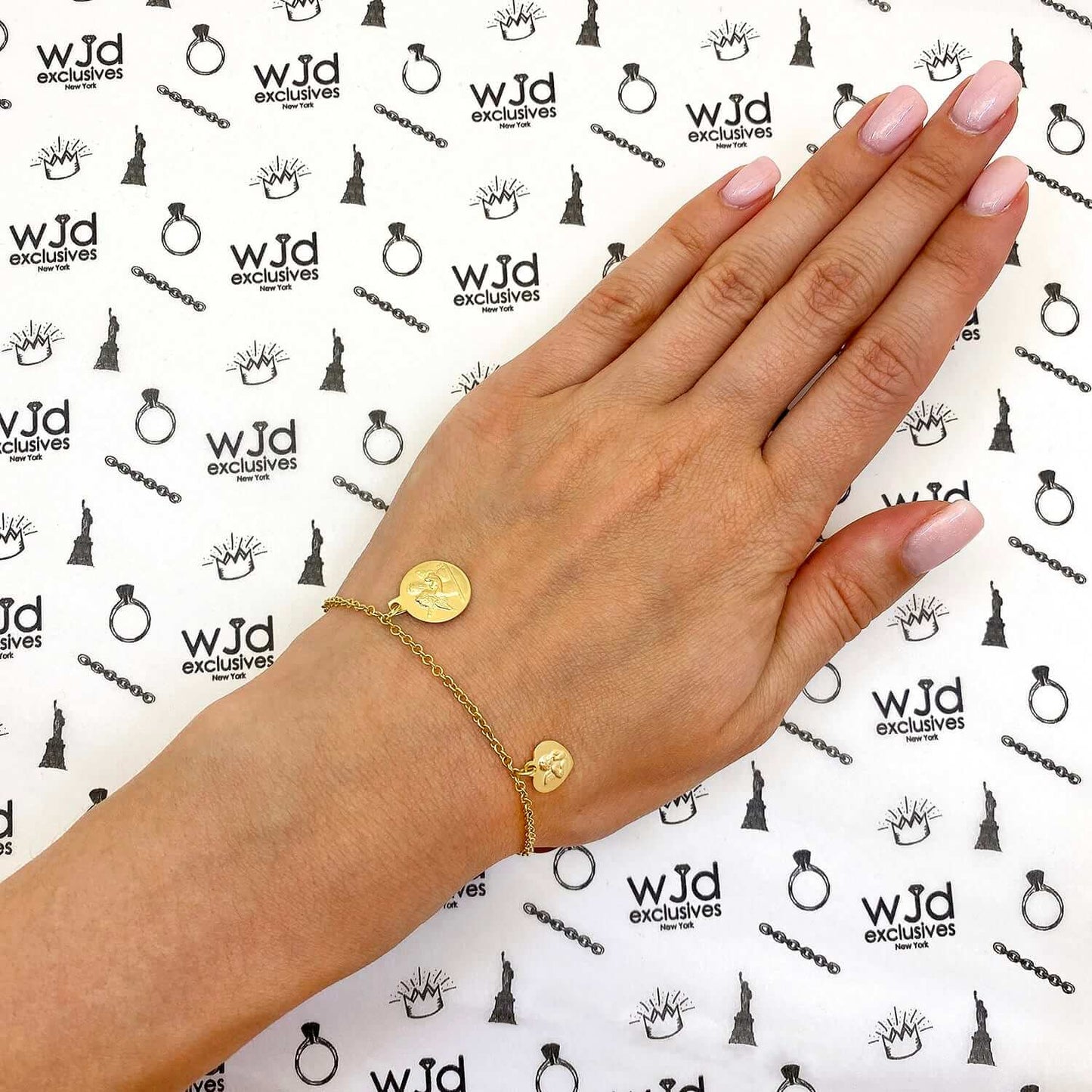 10K Gold Religious Saint Angels Heart Medal Charms Bracelet 6.5"-7.5" Adjustable