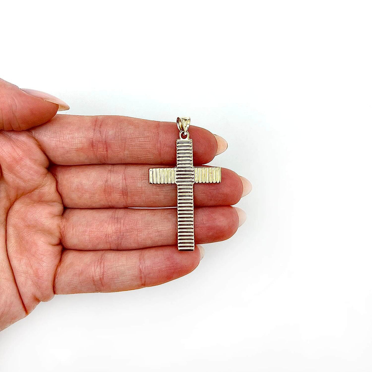 14K Gold Textured Stripes Cross Pendant 1.9" - WJD Exclusives