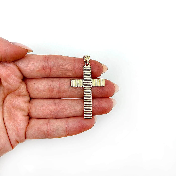 14K Gold Textured Stripes Cross Pendant 1.9" - WJD Exclusives