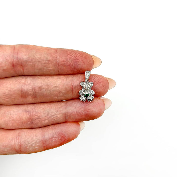 Natural Diamond 10K Yellow Gold Heart Real Emerald Teddy Bear Pendant 0.75" - WJD Exclusives