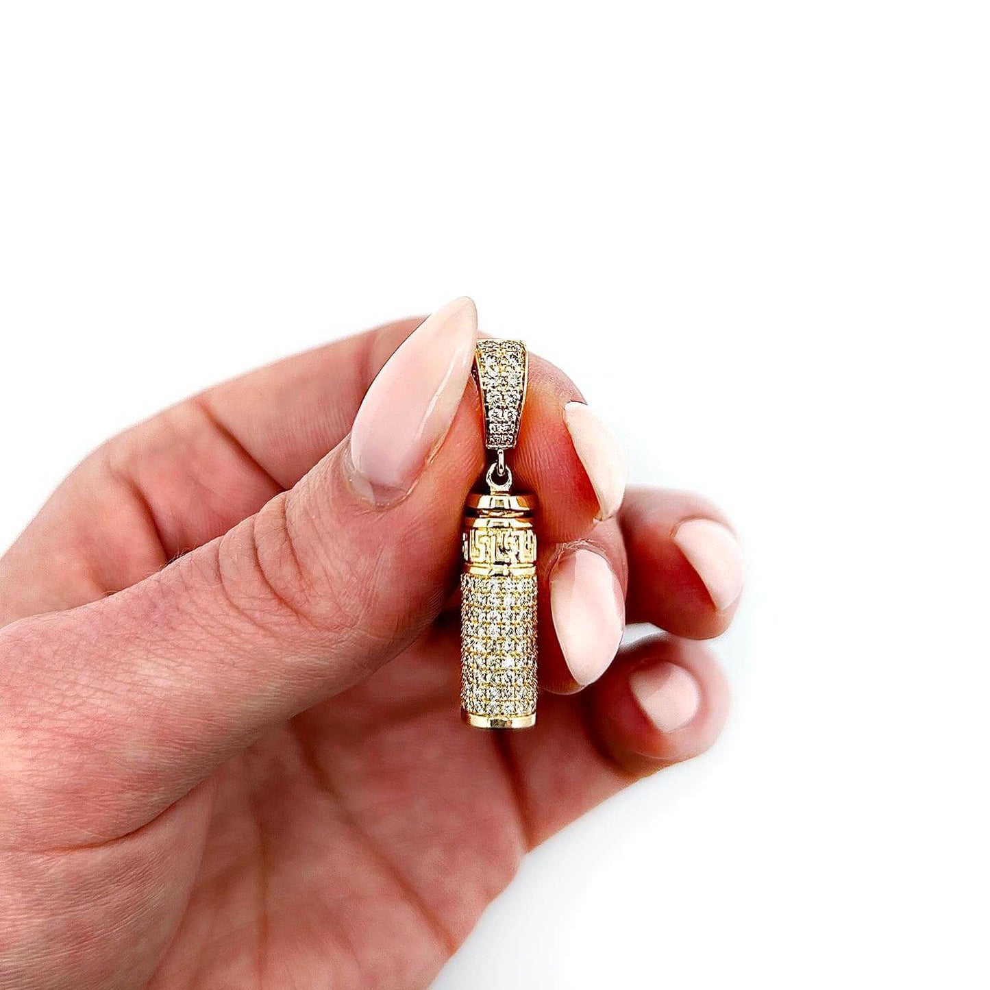 1.10CTW Real Diamond 10K Gold Yellow White Rose Cylinder Urn Pendant 1.2"