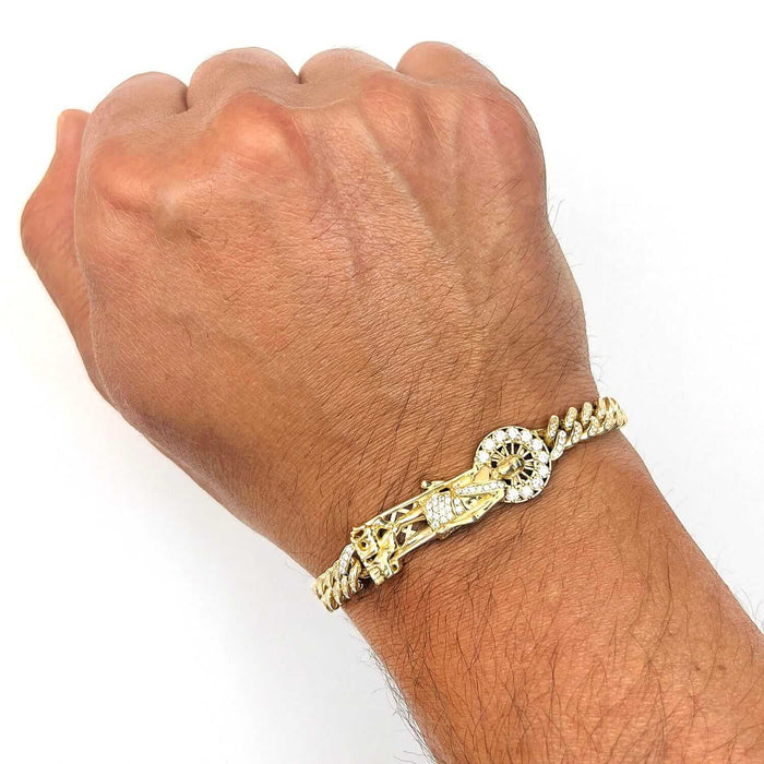 14K Yellow Gold CZ Pave Saint Lazarus Miami Bracelet (Hollow) 8" - WJD Exclusives