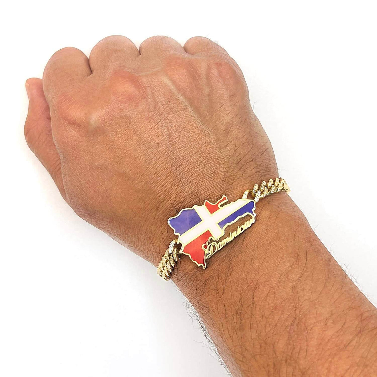14K Yellow Gold CZ Dominican Republic Flag Miami Bracelet (Hollow) 8" - WJD Exclusives