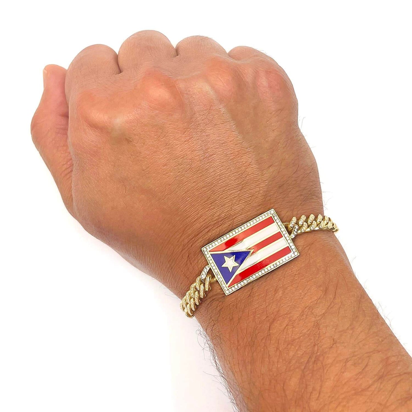 14K Gold Yellow CZ Color Puerto Rico Flag Miami Bracelet 8"