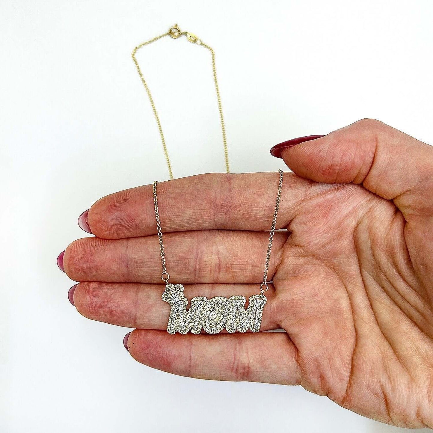1CTW Real Diamond 10K Yellow Gold Pave "MOM" crown Pendant Cable Necklace 18"
