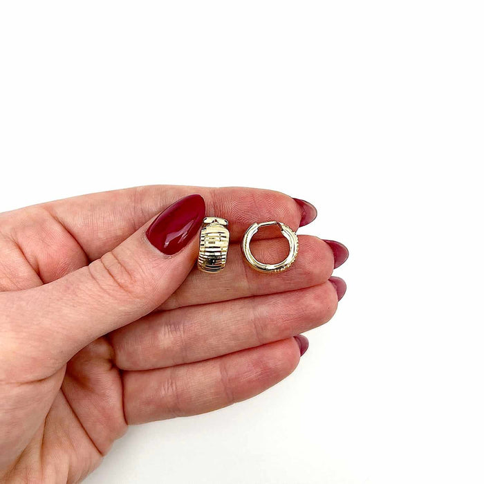 14K Gold 7.3mm Linear Diamond - Cut Huggie Hoop Earrings 16mm - WJD Exclusives