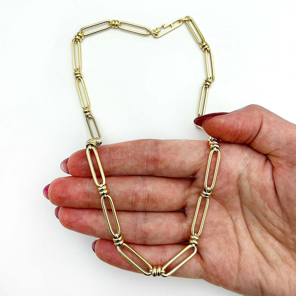 14K Yellow Gold 6mm Double Bar Figaro Paperclip Rondel Necklace (Solid Links) 18" - WJD Exclusives