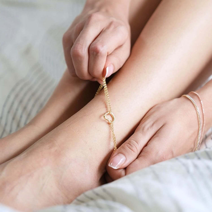 14K Yellow White Gold Double Open Heart Anklet (Hollow) 10" - WJD Exclusives