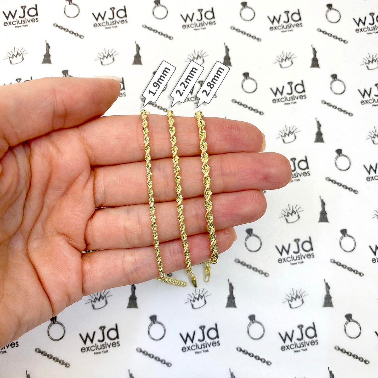 10K Gold Yellow 1.9mm, 2.2mm, 2.8mm Diamond Cut Hollow Rope  Anklet 10"