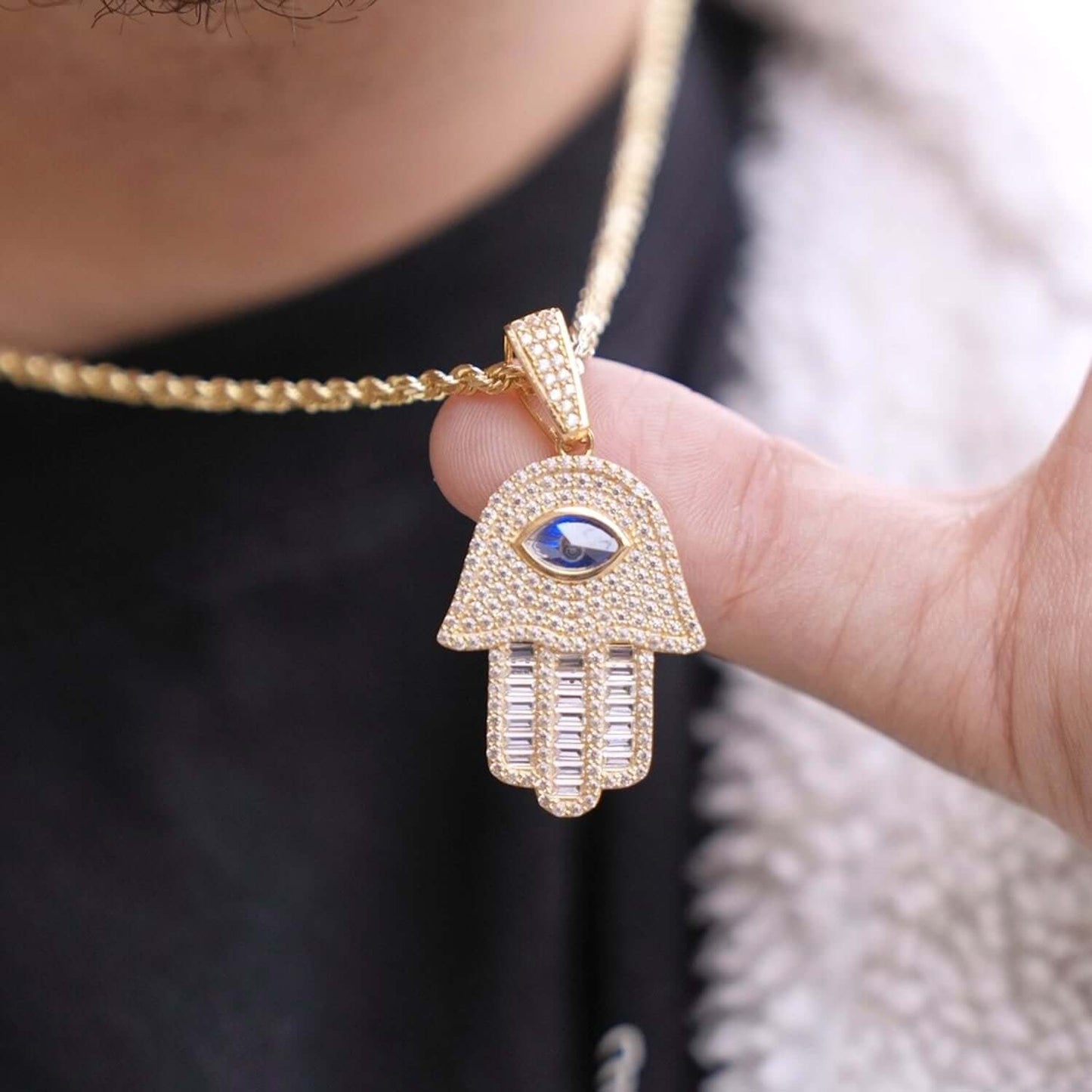 14K Yellow Gold CZ Sapphire Evil Eye Hamsa Hand Pendant 1.8"