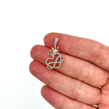0.37CTW Real Diamond 10K Gold Yellow White Infinity Heart Crown Pendant 1"