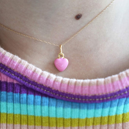 14k Yellow Gold Pink Enamel Heart Pendant Cable  Chain 16-18"