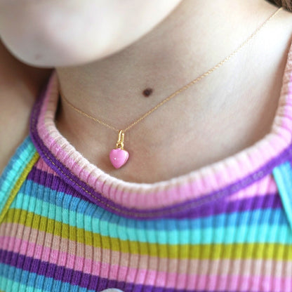 14k Yellow Gold Pink Enamel Heart Pendant Cable  Chain 16-18"