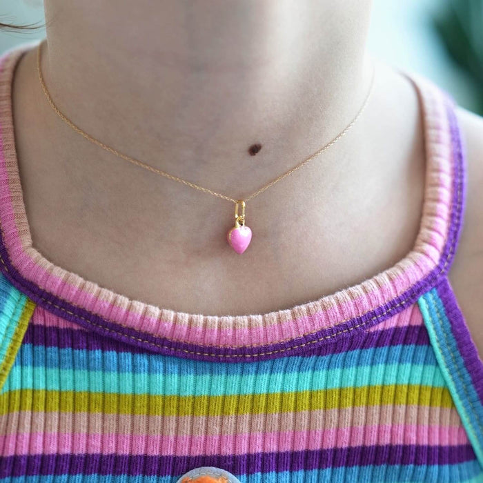 14k Yellow Gold Pink Enamel Heart Pendant Cable Chain 16-18"